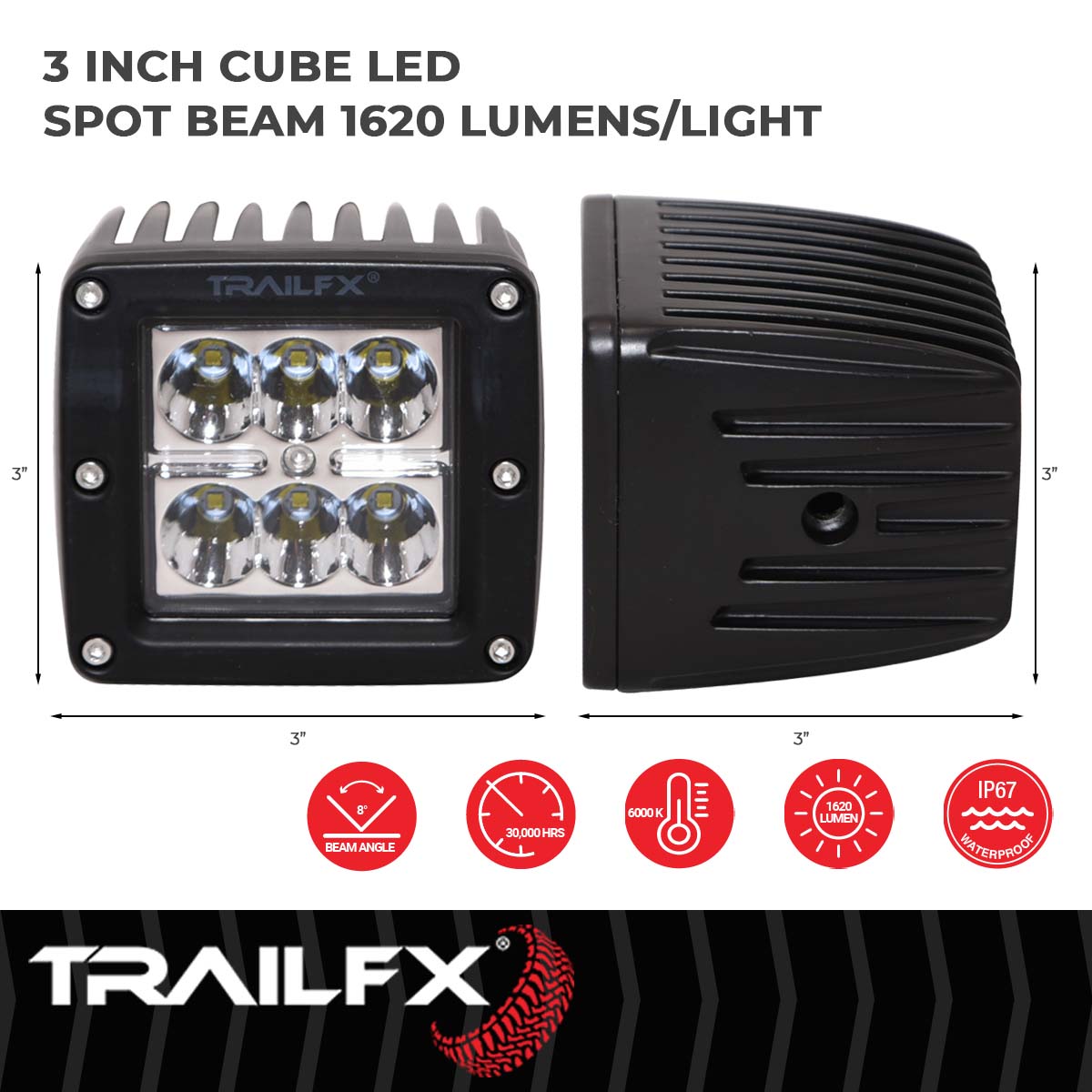 TrailFX 3X2 Square 6X3W LED Cube Light Spot Pair - 3X2CSPPR