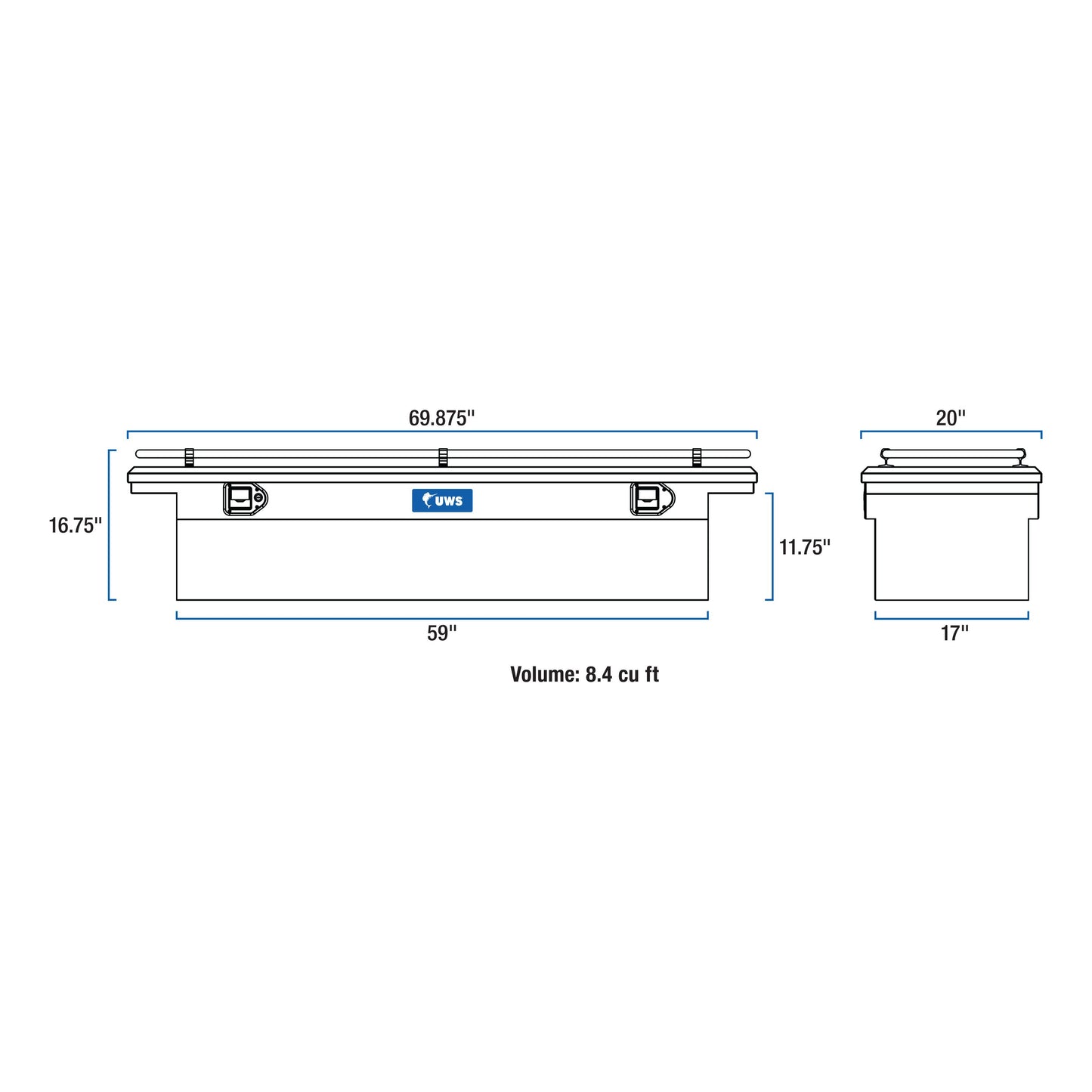 UWS Crossover Tool Box - 69-in - Low Profile - Single Lid - With Rail - Standard Tub - Bright Aluminum - TBS-69-LP-R