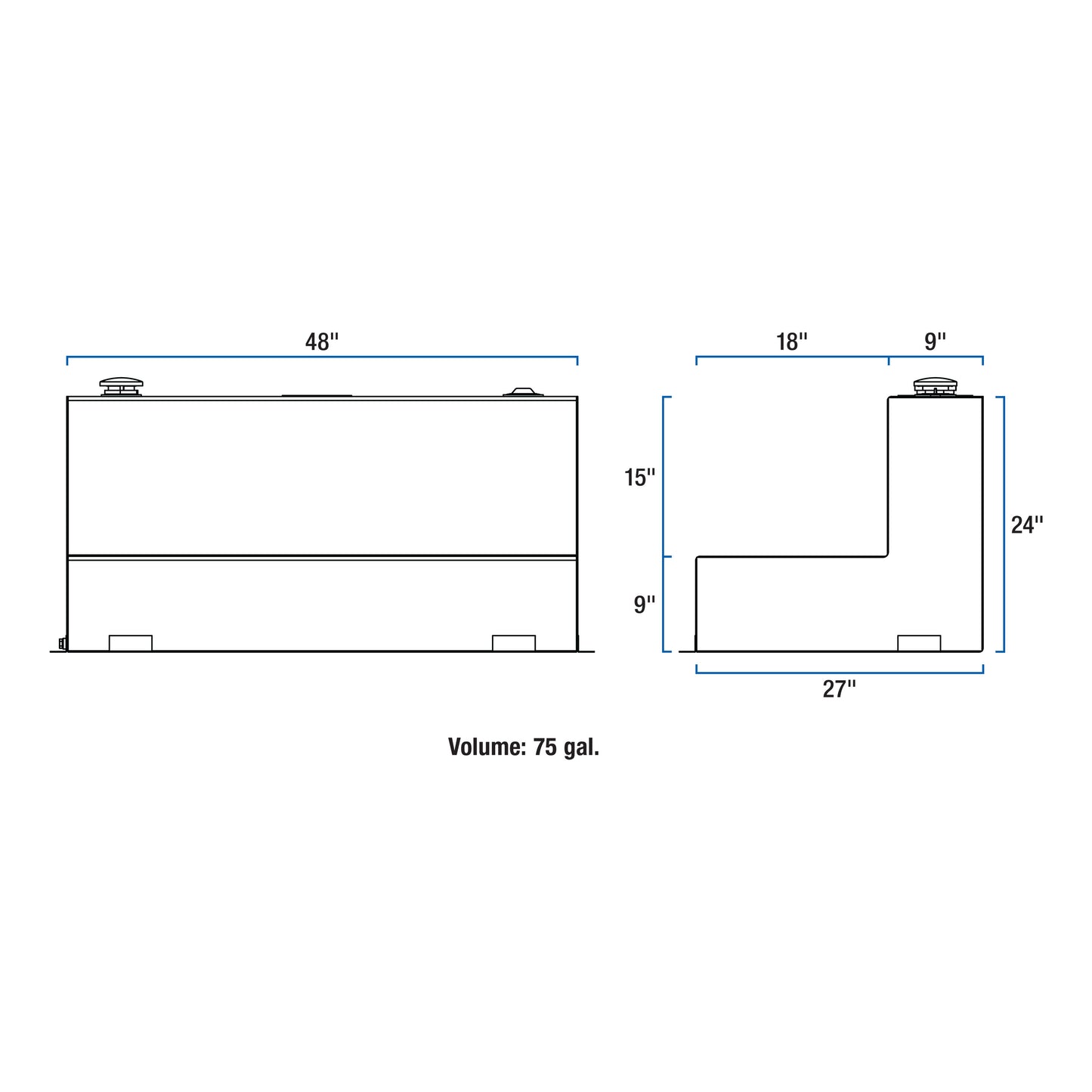 UWS 75-Gallon L-Shape Transfer Tank - Gloss Black - TT-75-L-T-P-BLK