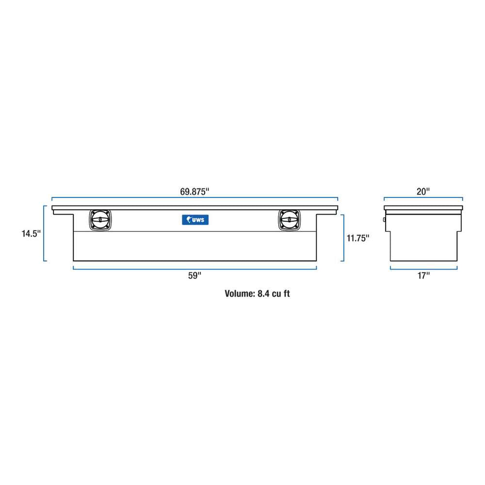 UWS Crossover Tool Box - 69-in - Low Profile - Single Lid - Standard Tub - Secure Lock Handles - Bright Aluminum - SL-69-LP