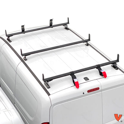 Vantech J2000 black ladder rack system on a white RAM ProMaster City.