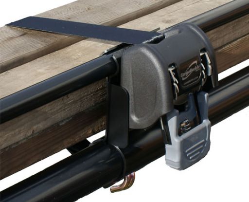 Retractable ratchet straps with Pro II mount brackets secured on a ladder rack