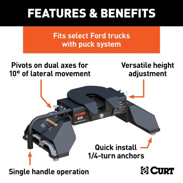 CURT E16 5th Wheel Hitch, Select Ford F-250, F-350, F-450, 8' Bed Puck System - 16031 - Image 2
