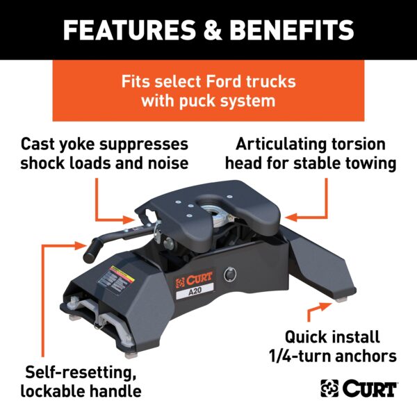 CURT A20 5th Wheel Hitch, Select Ford F-250, F-350, F-450, 8' Bed Puck System - 16034 - Image 2