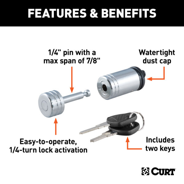 CURT Coupler Lock (1/4" Pin, 7/8" Latch Span, Barbell, Chrome) - 23520 - Image 2