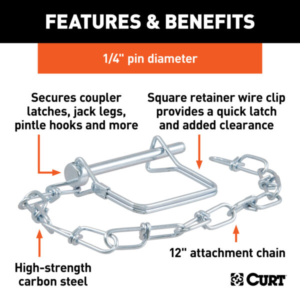 CURT 1/4" Safety Pin with 12" Chain (2-3/4" Pin Length, Packaged) - 25013 - Image 2