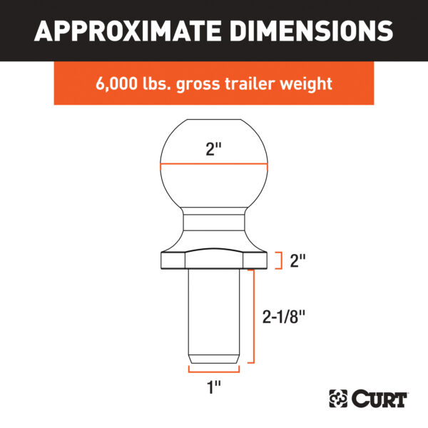 CURT 2" Trailer Ball (1" x 2-1/8" Shank, 2" Rise, 6,000 lbs., Chrome) - 40034 - Image 3