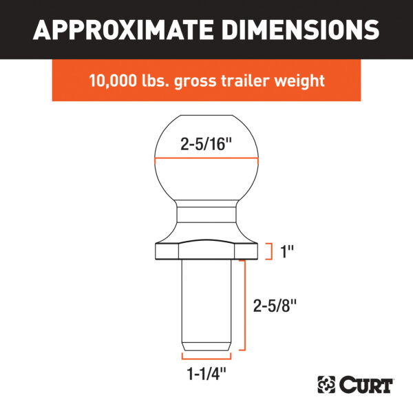 CURT 2-5/16" Trailer Ball (1-1/4" x 2-5/8" Shank, 1" Rise, 10,000 lbs., Chrome) - 40035 - Image 3