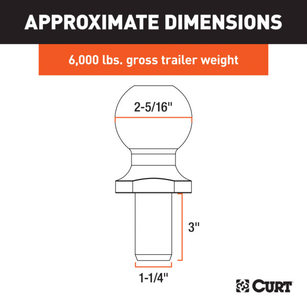CURT 2-5/16" Trailer Ball (1-1/4" x 3" Shank, 6,000 lbs., Chrome, Packaged) - 40076 - Image 3