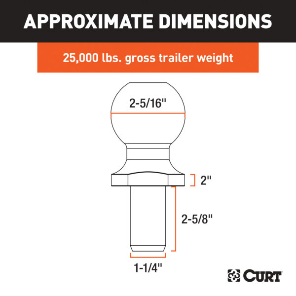 CURT 2-5/16" Trailer Ball (1-1/4" x 2-5/8" Shank, 2" Rise, 25,000 lbs., Raw Steel) - 40087 - Image 3