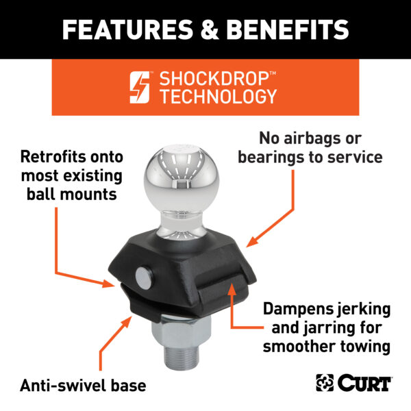 CURT RockerBall 2" Cushion Hitch Trailer Ball (1" Shank, 7,500 lbs, Packaged) - 40247 - Image 2