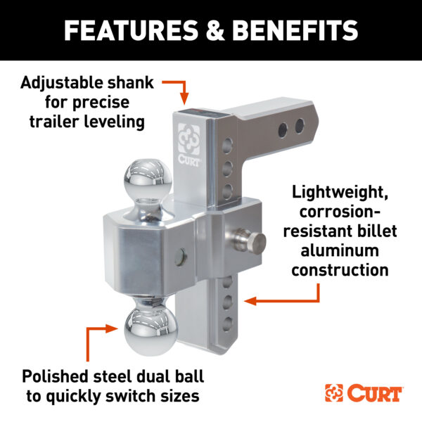 CURT AlumaLite Adjustable Aluminum Hitch with Dual Ball, 7-1/2" Drop - 45365 - Image 2