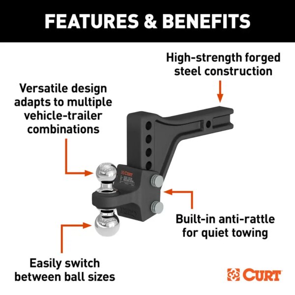 ADJUSTABLE TRAILER HITCH BALL MOUNT WITH DUAL BALL, 2" SHANK, 15K - Image 3