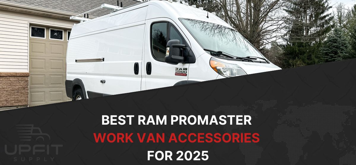 RAM ProMaster work van fully equipped with shelving, ladder racks, and security upgrades for a professional mobile workspace.