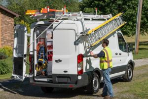 work van ladder rack dropping down a ladder